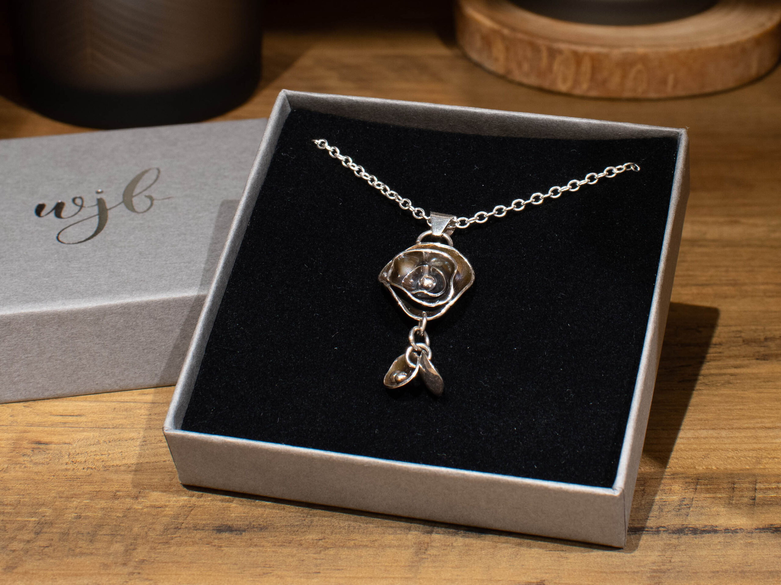Organic Flower Pendant in Oxidised Sterling Silver - in box
