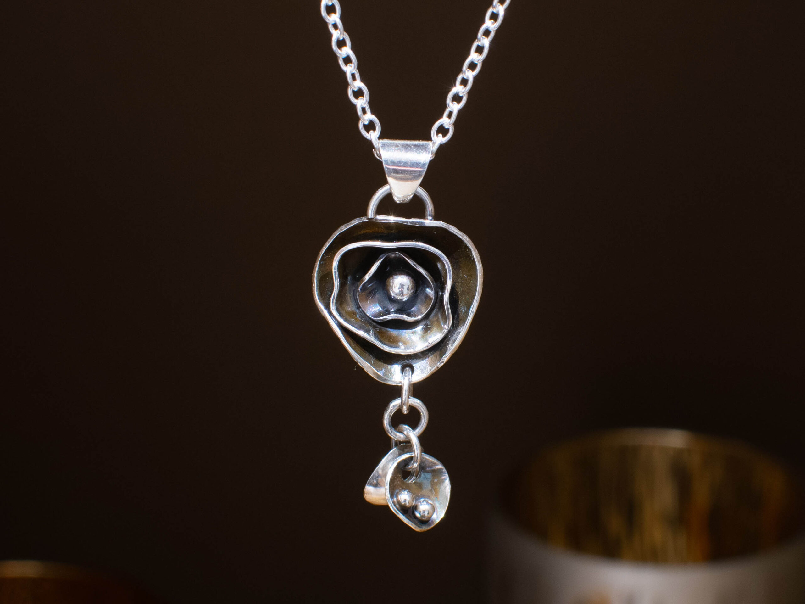 Organic Flower Pendant in Oxidised Sterling Silver