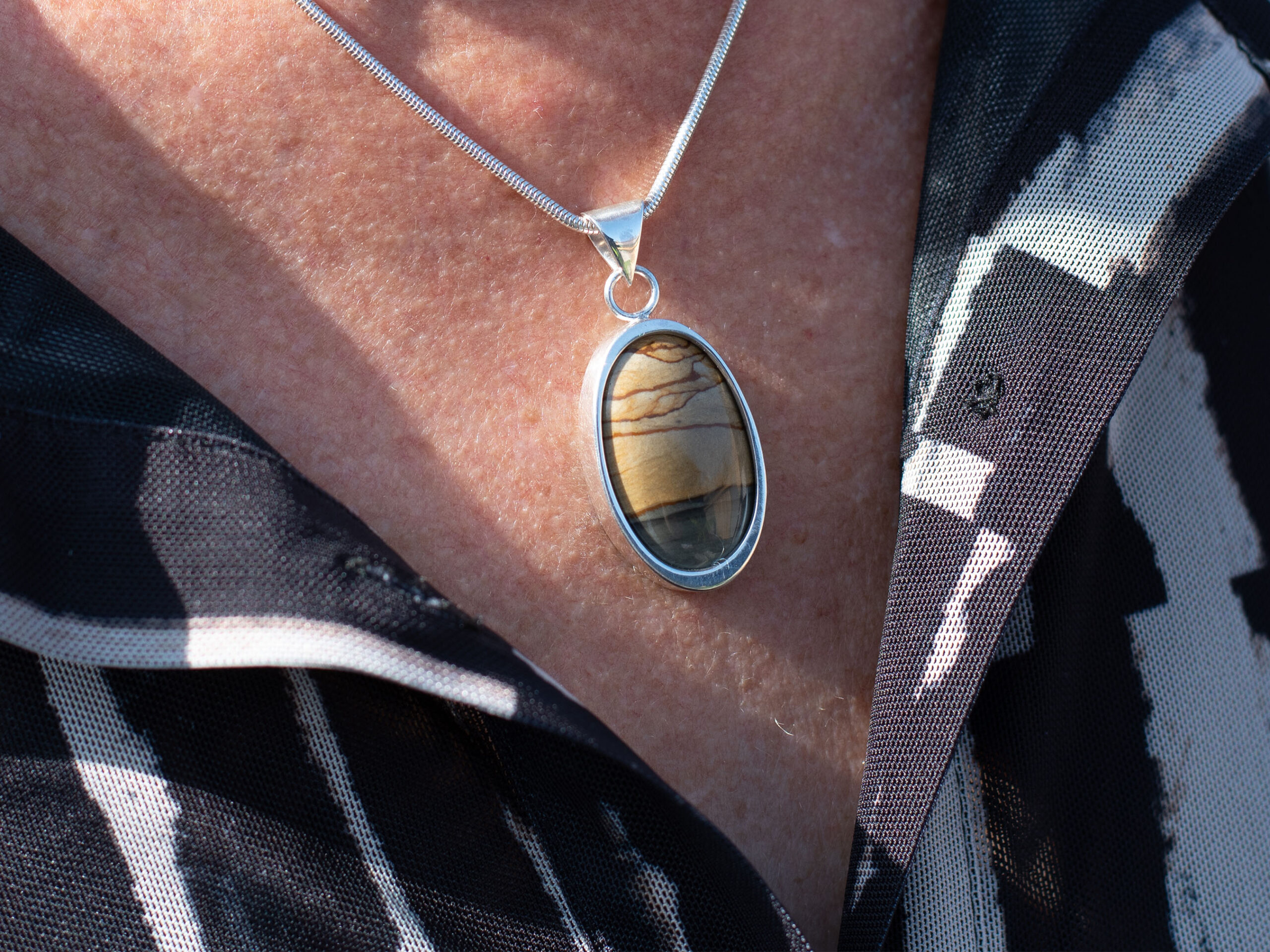 Picture Jasper Sterling Silver Pendant - Being Worn