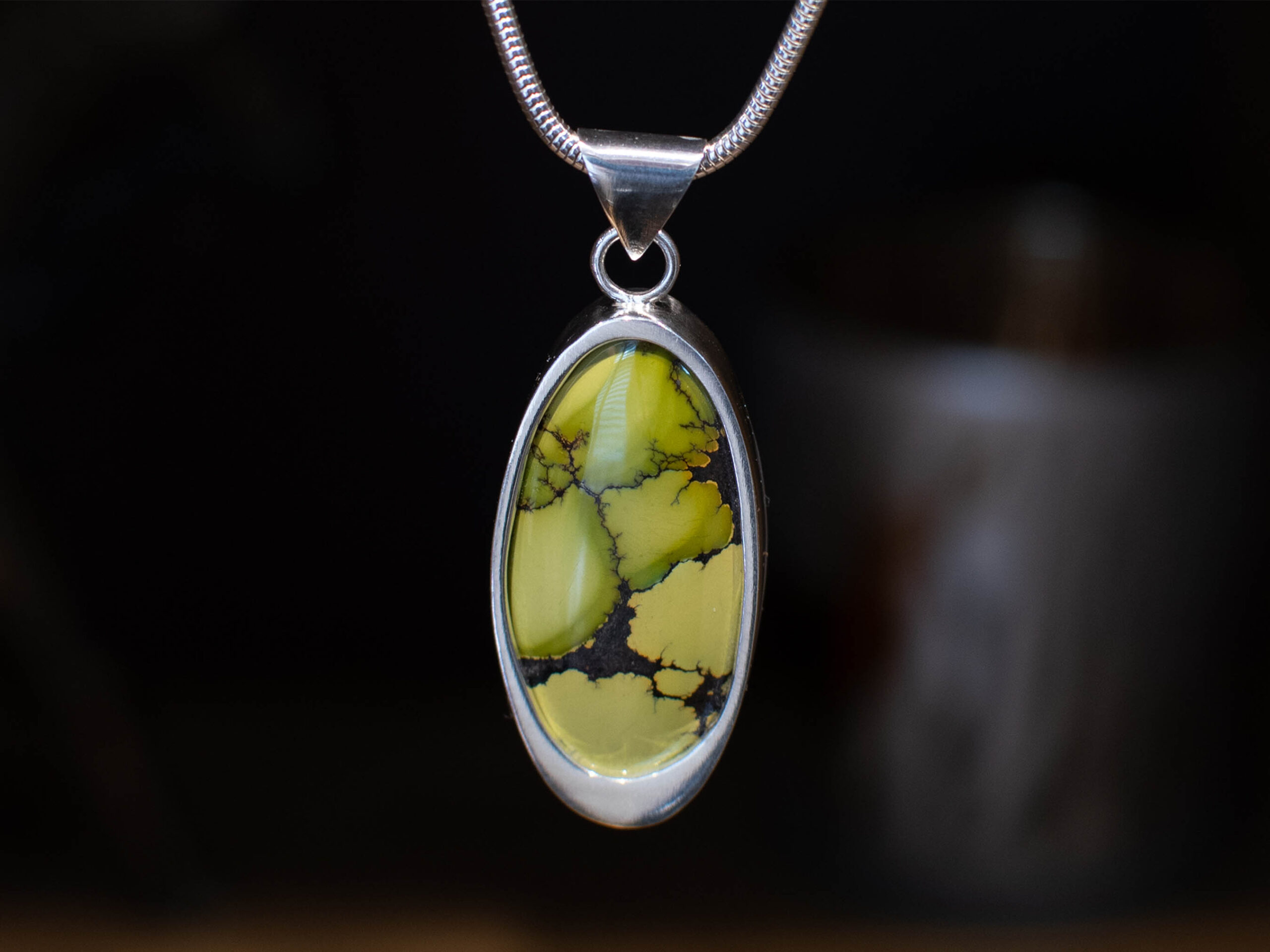 Green Bamboo Mountain Turquoise Sterling Silver Pendant - Front