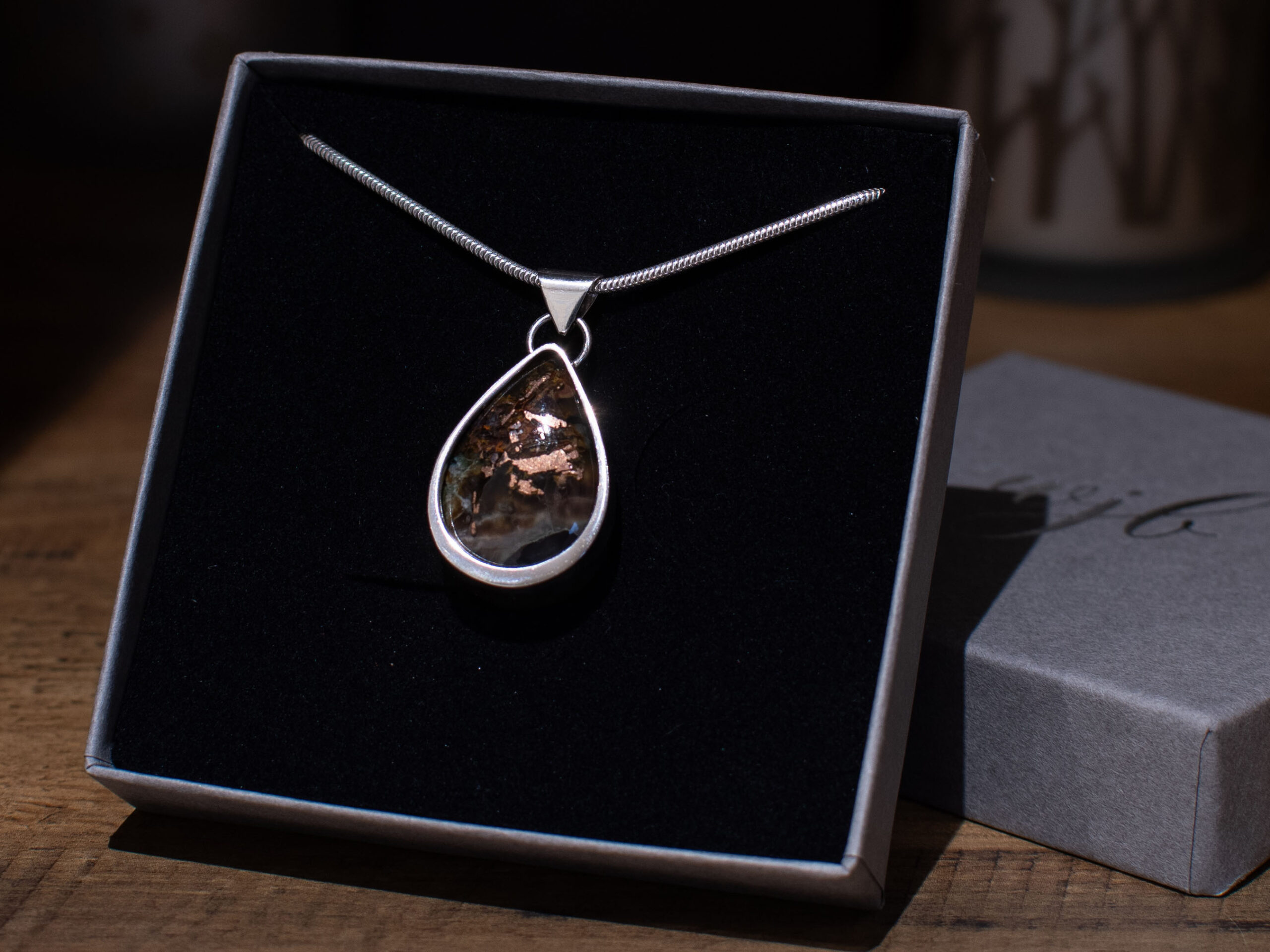 Sterling Silver Tear Shaped Chrysocolla & Native Copper Pendant in Box