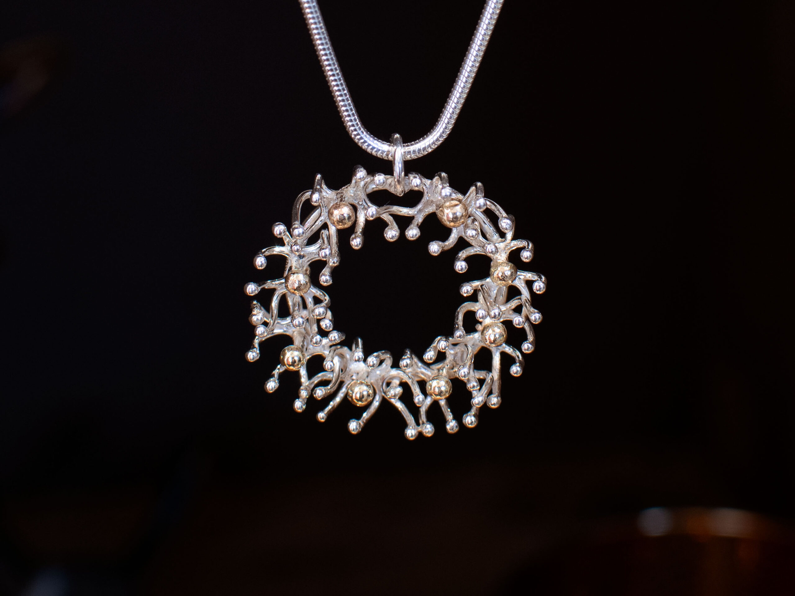 Sterling Silver and 9ct Gold Large Anemone Wreath Pendant – 8 Silver and Gold Clusters Sterling Silver and 9ct Gold Large Anemone Wreath Pendant – 8 Silver and Gold Clusters