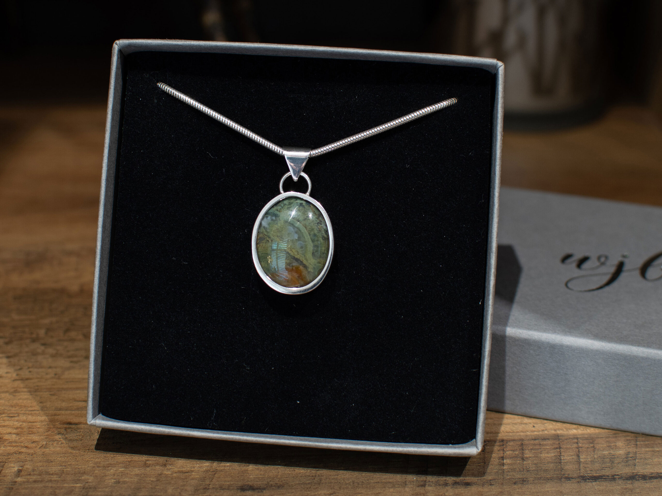 WBR-93-01-Product-Image-Etsy-Box Green and Brown Jasper Oval Pendant - in box